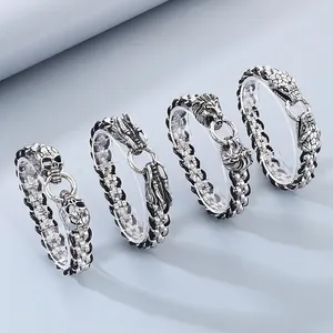 Bracelet Homme En Cuir Tressé Et Acier Inoxydable Animal Lion Serpent Dragon Crâne Style Gothique Punk Rock Bijoux