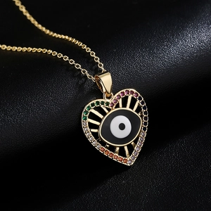 18K gold plated copper necklace with heart-shaped colorful zircon devil eye pendant