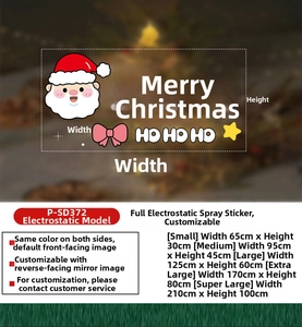 Size guide for Christmas Santa and pink bow static window stickers from 65cm to 210cm width