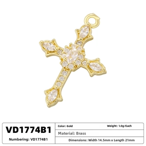 Detailed view of 14.5x21mm brass cross pendant with sparkling colorful cubic zirconia