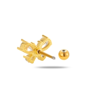 Golden bow cartilage piercing stud with cubic zirconia and surgical steel screw back