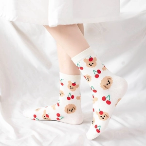 Japanese style white cotton socks with cute cherry and brown cartoon bear pattern
