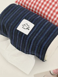 Blue striped canvas tissue holder with cute cat patch for home and car storage