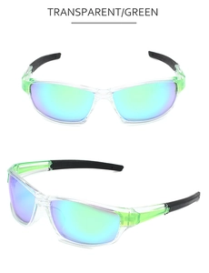 Detail view of transparent sport sunglasses with green polarized lenses and anti-slip legs