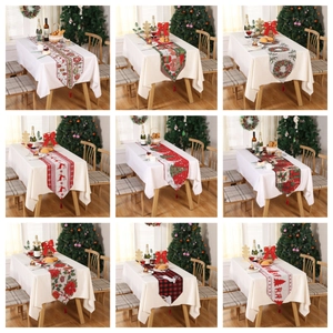 Christmas Table Runner Polyester Cotton Reindeer Santa Xmas Tree Pattern Tassel Decoration European Style Dining Room Holiday Home Decor