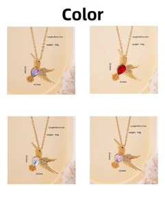 Detailed view of hummingbird pendant dimensions and four color options in gold-plated finish
