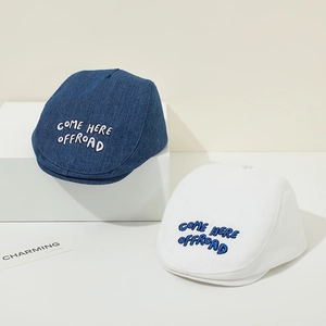 Denim and white cotton baby berets with Come Here embroidery and outdoor style
