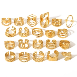 21-piece set of gold geometric adjustable stainless steel rings in various minimalist styles