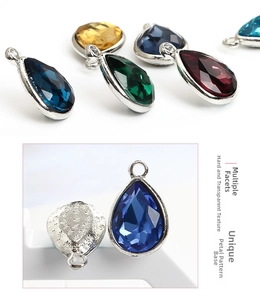 Macro view of multi-faceted teardrop charms with unique petal pattern alloy bases