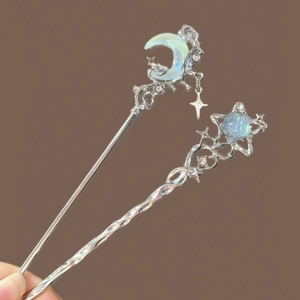 Elegant moon and star hairpins with opal stones and silver metallic fringe tassels