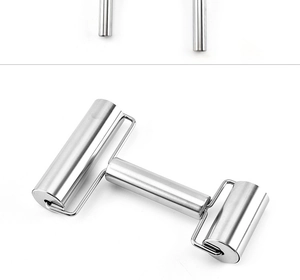 Detail view of a dual-head stainless steel rolling pin with smooth metallic finish