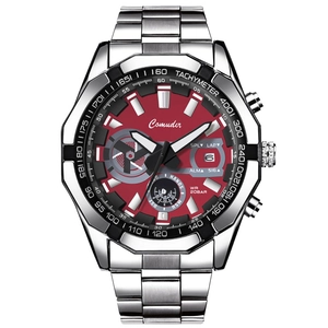 Reloj deportivo para hombre con correa de acero inoxidable plateada y esfera roja, 20BAR water