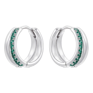 Close-up of silver hoop earrings featuring a single row of pave-set green crystals