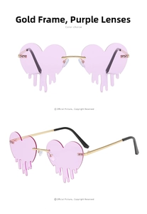 Detail view of heart-shaped rimless sunglasses with purple lenses and gold metal frame