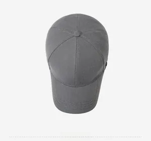 Top view of a gray cotton twill baseball cap with six-panel design and curved brim