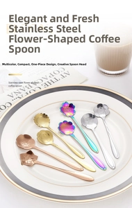 Detailed close-up of eight unique flower-shaped stainless steel spoons in a porcelain dish