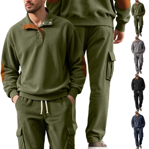 Men's corduroy two-piece set with long sleeve button collar sweatshirt and cargo pants