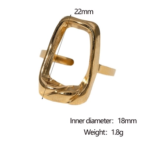 Macro detail of 18k gold plated square geometric ring with 22mm height measurement