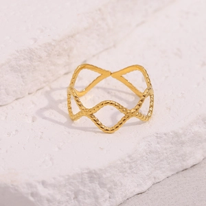Detailed macro view of 18K gold plated wavy hollow ring with twisted rope texture details
