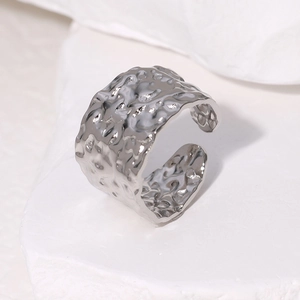 Irregular hammered texture silver stainless steel open ring with adjustable minimalist design