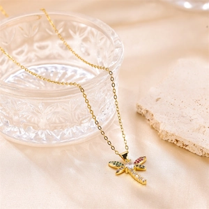 Elegant dragonfly pendant necklace with colorful zircons on gold chain for women