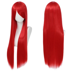 80cm long straight red cosplay wig for women, synthetic hair with front and back views