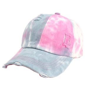 Distressed tie-dye baseball cap with pink, blue and white graffiti ink patterns