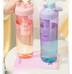 Detail view of large 1000ml gradient water bottle showing built-in tea infuser and scale