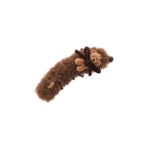 Brown plush bear hair claw clip with velvet bow on white background for women