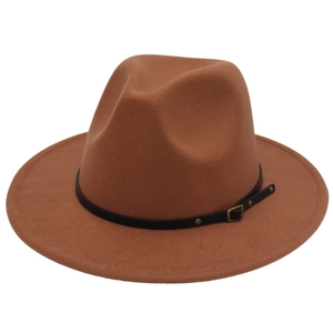 British style caramel wool fedora hat with wide brim and black leather belt buckle strap