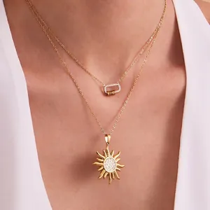 Collier Pendentif Soleil Zircon Brillant Acier Inoxydable Anneaux Cercle Romain Bijoux De Cou Élégants Pour Femmes