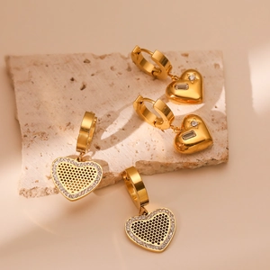 Vintage 18K gold plated heart earrings set with sparkling zircon stones in titanium steel