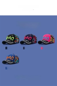 Detail of neon SWAG embroidery and ethnic geometric patterns on streetwear baseball caps