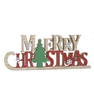 Wooden Merry Christmas decorative letter sign with red dots and green tree elements