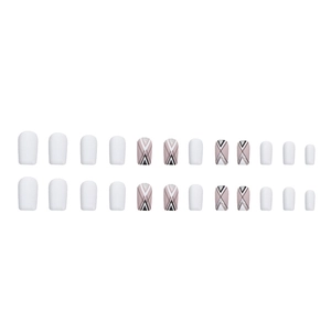 24pcs short square press-on nails with white matte and geometric glitter V-shape patterns
