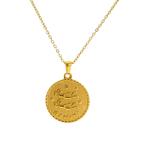 18K gold plated Gemini zodiac coin necklace with retro embossed pendant on O-chain