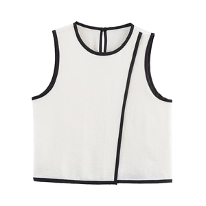Women sleeveless white crepe top with black contrast trim and vertical pleat texture
