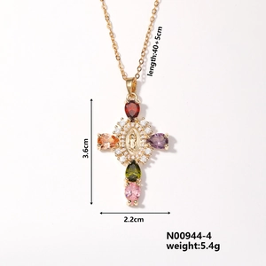 Detailed view of cross pendant necklace with colorful zircons and precise dimensions