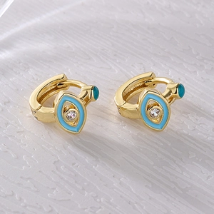 18K gold plated copper hoop earrings with blue enamel evil eye and sparkling zircon
