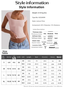 Tableau des tailles avec composition et mesures pour le t-shirt de yoga et fitness femme