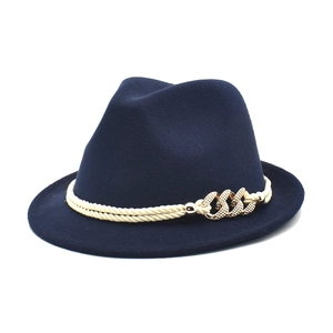 Classic navy blue fedora hat with off-white braided rope and golden chain buckle