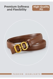 Detail view of premium brown PU leather belt with a golden double-ring alloy buckle