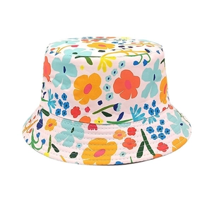 Close-up of pink floral bucket hat featuring colorful abstract flower patterns for kids