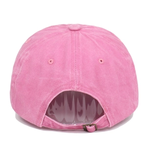 Rear view of pink washed cotton baseball cap with adjustable strap and metal buckle