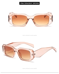 Detailed view of pink translucent polygon sunglasses with brown gradient lenses