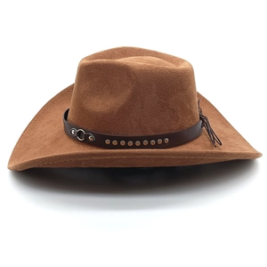 Brown suede cowboy hat side view featuring leather band with silver studs and tassel