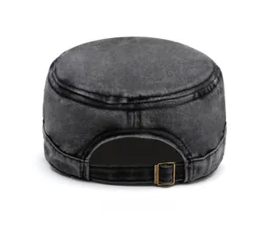 Detail view of the washed cotton cadet cap back featuring an adjustable metal buckle strap