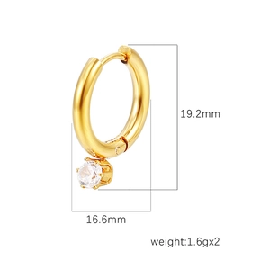 Polished 18K gold plated stainless steel hoop earrings with round zircon pendants