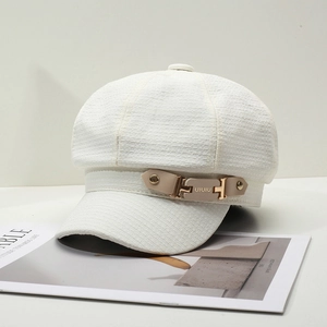 Chic white tweed newsboy cap with leather strap and gold buckle for women