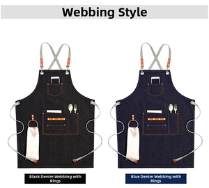 Detail of heavy-duty canvas aprons with cross-back straps, metal rings, and utility pockets